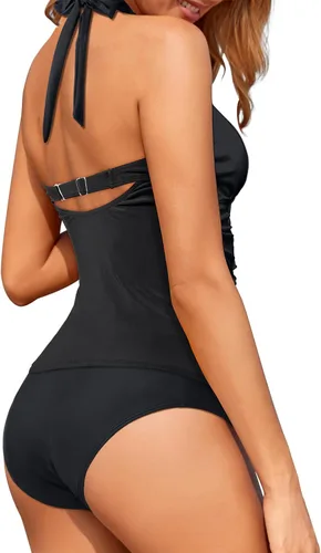 Miniatura 3 de Holipick Traje de baño tankini de dos piezas para mujer, con control de abdomen, cuello halter, con volantes, cuello en V, parte superior tankini