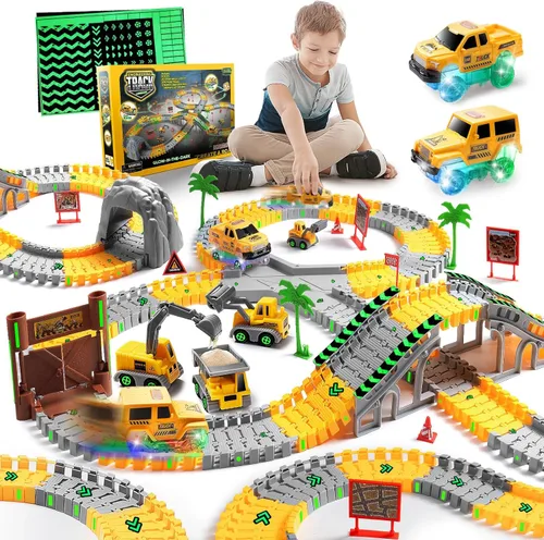 Miniatura 13 de 157 PCS Construction Race Tracks for Kids, Glow in The Dark Magic Toy Set with 360° Loop Ramp, 1 Light Up Car, 3 Construction Cars, Flexible DIY