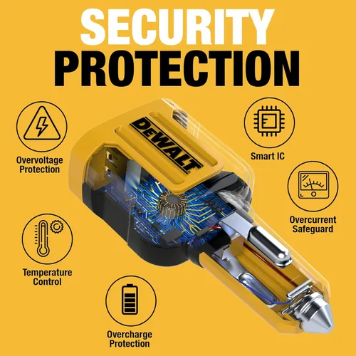 Miniatura 5 de DEWALT Cargador de Coche USB C de Alta Resistencia, Adaptador de 2 Puertos PD 3.0 Tipo C de 120W, Carga Rápida PPS con Entrega de Energía