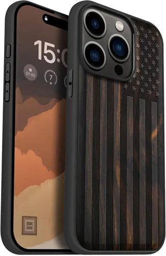Carveit Funda magnética de madera para iPhone 15 Pro, compatible con cargadores inalámbricos MagSafe, funda de TPU suave negro a prueba de golpes y