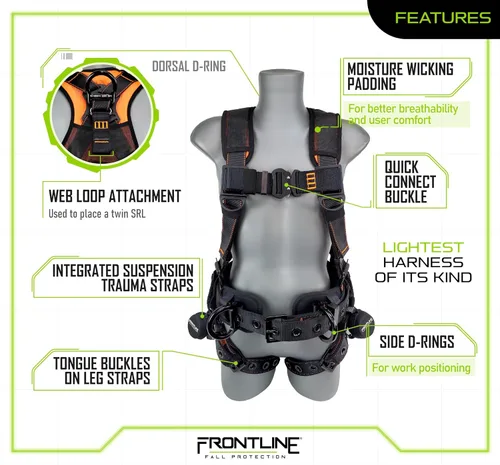 Miniatura 3 de FRONTLINE FALL PROTECTION Arneses + Anillo en D + Múltiples Estilos + Cumple con OSHA y ANSI