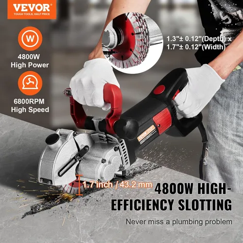 Miniatura 2 de VEVOR Wall Chaser, máquina ranuradora de 4800 W con guía láser de 6500 rpm, profundidad máxima de ranura y ancho de 1.6 x 1.65 pulgadas, máquina