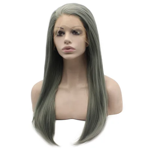 Miniatura 3 de Mxangel - Peluca de encaje frontal de fibra resistente al calor, natural, larga, recta, verde oscuro, gris