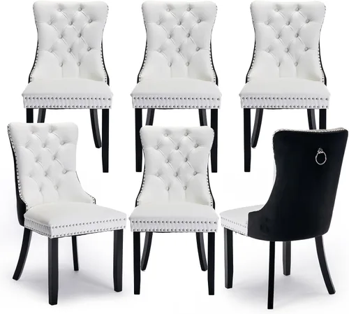 Miniatura 44 de Juego de 2 sillas de comedor tapizadas de terciopelo, sillas laterales de cocina de estilo moderno con ribete de cabeza de clavo y patas de madera