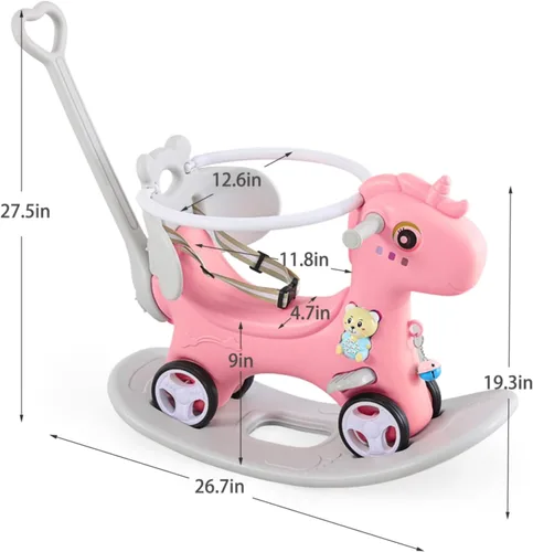 Miniatura 3 de Caballo mecedor 4 en 1 para niños pequeños de 1.5 a 3 años, juguetes de paseo en bicicleta de equilibrio con asa de empuje, respaldo de juguete Rosa
