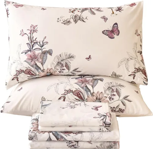 Miniatura 10 de Juego de sábanas de cama floral azul 100% algodón percal tamaño King, diseño vintage chic shabby, con patrón de peonía, ropa de cama suave y Monet