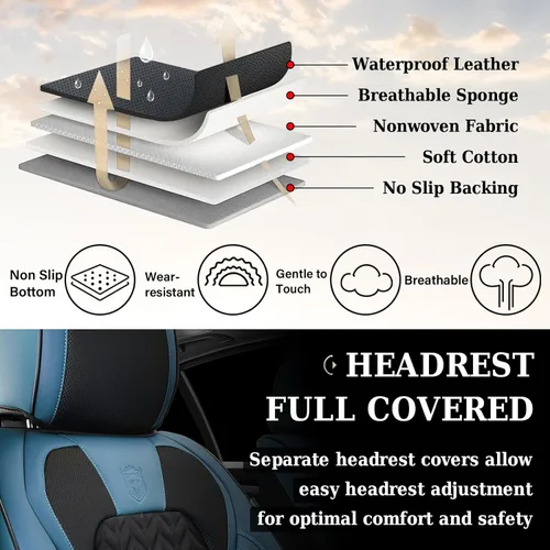 Miniatura 9 de Coverado Juego completo de fundas de asiento, fundas de asiento de piel sintética transpirable de 5 asientos para automóviles, funda de asiento