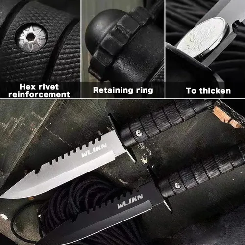 Miniatura 2 de Cuchillo Wlikn de hoja fija con vaina, cuchillo Bowie de supervivencia de 5 pulgadas con filo de un solo lado, mango antideslizante, para camping