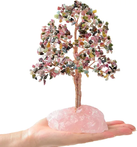 Miniatura 7 de KALIFANO Amatista natural prémium (414 piedras preciosas) Árbol de cristal de chakra con base de cuarzo rosa con propiedades curativas, árbol