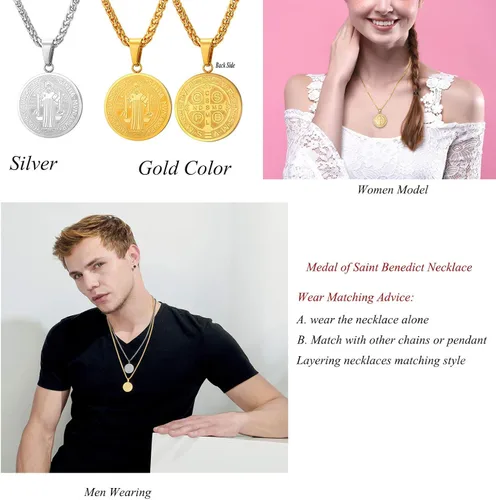 Miniatura 2 de Collar de medalla de San Benito de oro de 18 quilates o acero inoxidable 316L con medalla cristiana sacramental para proteger el mal de la joyería