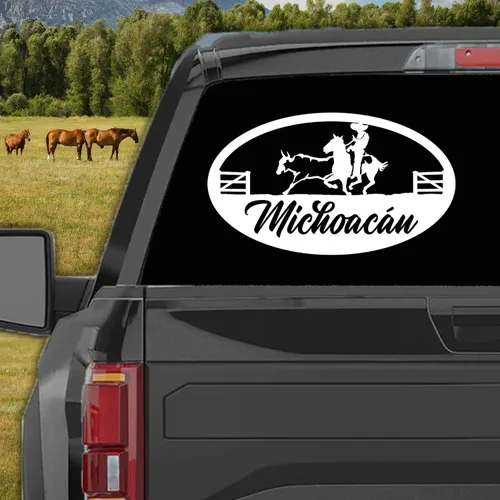 Miniatura 2 de Pegatinas de vinilo de Michoacán México, Coleadero Charreada Rodeo para carros Diseño Charro de México, Calcomanias para Trocas y Carros