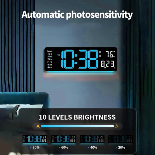 Miniatura 4 de Reloj de pared digital LED grande de 16.5 pulgadas con brillo automático, retroiluminación RGB, alarma doble, pantalla de temperatura y humedad