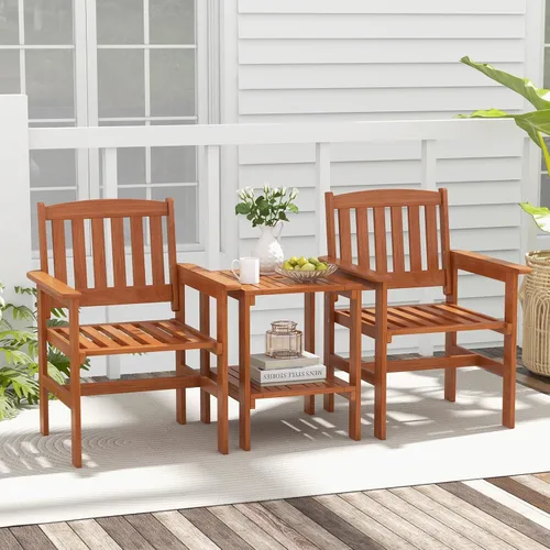 Miniatura 3 de Tangkula Juego de 3 piezas de conversación de patio, asiento de conversación de madera al aire libre con mesa y agujero para paraguas, juego de 3
