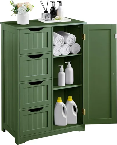 Miniatura 12 de Yaheetech Armario organizador de madera para el suelo del baño/lateral con 4 cajones y 1 armario, unidad de almacenamiento de entrada independiente