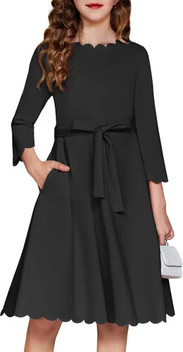 Arshiner Vestido de fiesta para niñas con ribete festoneado, cinturón, acampanado, formal, por debajo de la rodilla, con bolsillos, para 6-15 años