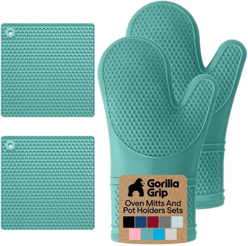 Miniatura 12 de Gorilla Grip - Juego de guantes de horno de silicona resistentes al calor extralargos, forro acolchado suave, guantes flexibles impermeables