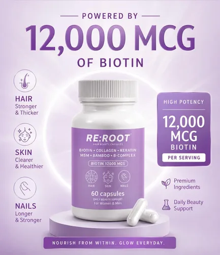 Miniatura 5 de RE:ROOT Cápsulas de belleza capilar – Biotina 12,000 mcg, colágeno, queratina, MSM, bambú – para cabello, piel y uñas – 60 cápsulas veganas