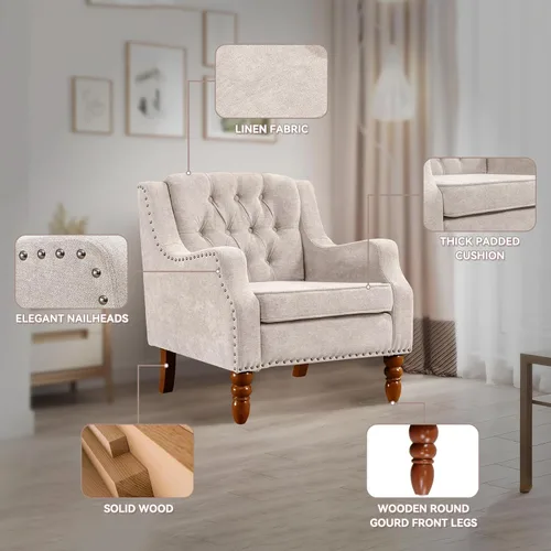 Miniatura 4 de TTK Sillas decorativas de tela de lino, moderna de mediados de siglo, silla decorativa tapizada individual con respaldo, cómoda silla de lectura