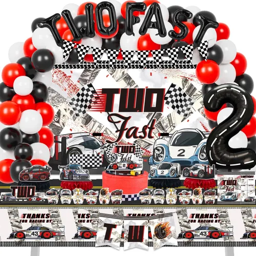 Dos decoraciones de cumpleaños rápidas para niños, 153 piezas de suministros de fiesta de cumpleaños de coche de carreras, telón de fondo, adornos,