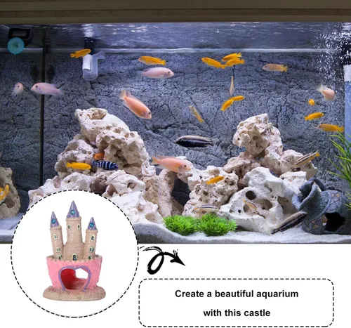 Miniatura 4 de Mipcase Decoración de acuario de castillo de dibujos animados con cueva de peces oculta, adorno para pecera pequeña para agua dulce y salada