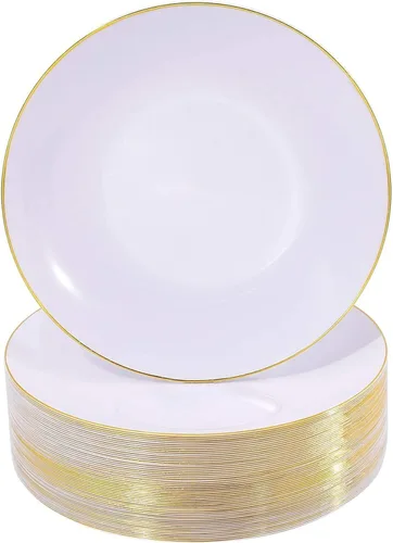 Nervure 100 piezas, platos de plástico dorados - Platos de cena dorados de 10.25 pulgadas - Platos desechables con peso, blancos y dorados, ideales