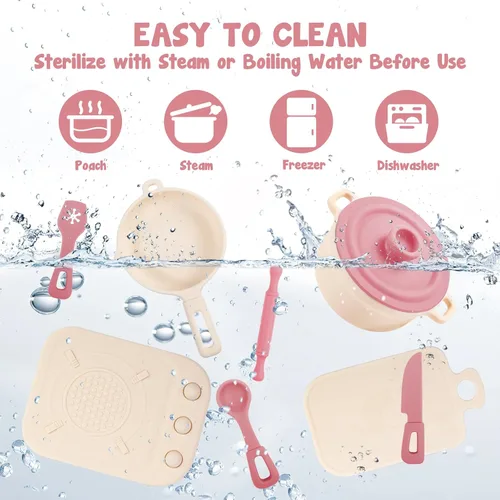 Miniatura 6 de TYRY.HU 11 piezas de juguetes de cocina para niños sin BPA, juegos de comida de silicona, juguetes de cocina con ollas y sartenes, juguetes de Rosa