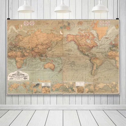 Miniatura 4 de AOFOTO Telón de fondo de fotografía de mapa del viejo mundo de 7 x 5 pies, estilo vintage, retro, mapa náutico del mundo, fondo marrón antiguo