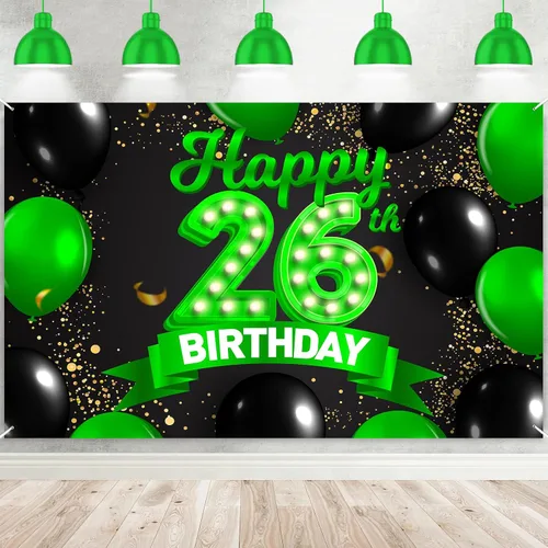Cartel de feliz cumpleaños 26 verde y negro, telón de fondo con texto en inglés "Cheers to 26 years old confeti", globos de confeti, decoración