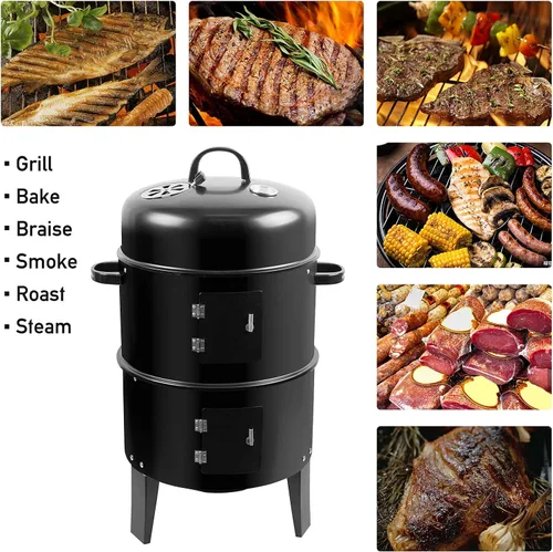Miniatura 6 de Shikha Ahumador de barbacoa de carbón de 17 pulgadas con rejillas de dos niveles y termómetro al aire libre para fiestas en casa, humo vertical
