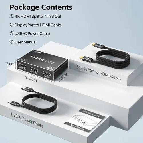 Miniatura 8 de KiWiBiRD Divisor DisplayPort a HDMI 1 en 3 salidas, adaptador de monitor triple 4K DP a HDMI, modo espejo 2160p 1440p 1080p HDCP, compatible