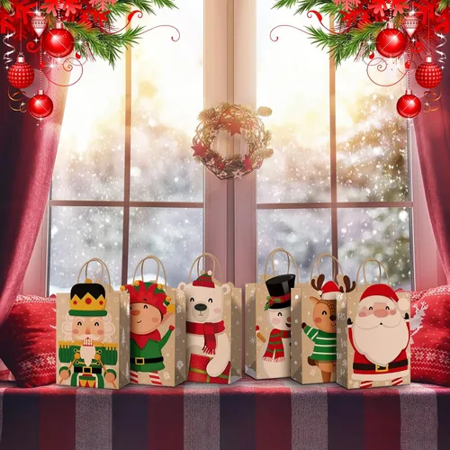 Miniatura 4 de Funrous Bolsas de regalo de Navidad, 6 diseños, bolsas de regalo de papel kraft de Navidad con asas, recuerdos de Navidad para aperitivos
