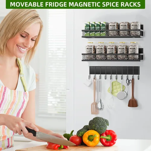 Miniatura 7 de Estante magnético para especias para refrigerador, paquete de 3 estantes magnéticos para refrigerador, cesta magnética móvil se utiliza para Negro