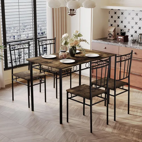 Juego de mesa de comedor de 5 piezas, moderna mesa de cocina de metal y madera con 4 sillas, juegos de mesa de comedor para espacios pequeños, color