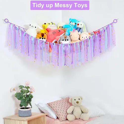 Miniatura 3 de Hamaca de almacenamiento de red de animales de peluche con luces LED, borlas coloridas, hamaca colgante de juguetes de peluche, organizador
