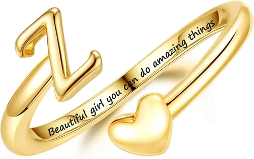Miniatura 28 de Turandoss Regalos para el día de San Valentín para adolescentes, anillos de oro para niños, chapados en oro de 14 quilates con inicial para letra A