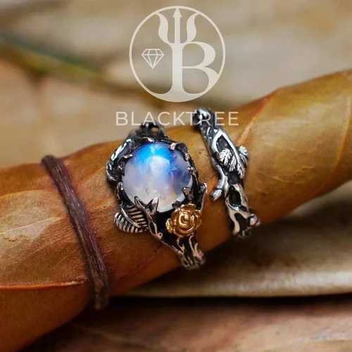 Miniatura 2 de Cleo & Mio - Juego de anillos de compromiso con piedra lunar arcoíris de 0.315 in, anillos de compromiso de oro y plata de ley para mujer, anillo