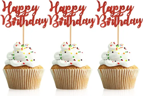 Miniatura 6 de 48 piezas de decoración para cupcakes de feliz cumpleaños, color negro, con purpurina, suministros de decoración de fiesta de cumpleaños