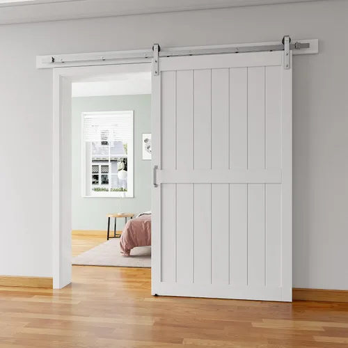 Miniatura 9 de Puerta corredera de granero de 28 x 84 pulgadas con kit de herrajes para puerta de granero de 5 pies, mango y guías de suelo, agujeros Blanco