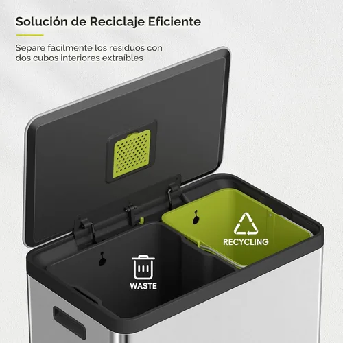 Miniatura 4 de EKO EcoCasa II - Bote de basura doble de 36 L + 24 L con cubo de reciclaje, cubo de basura de acero inoxidable con tapa, compartimento desodorante