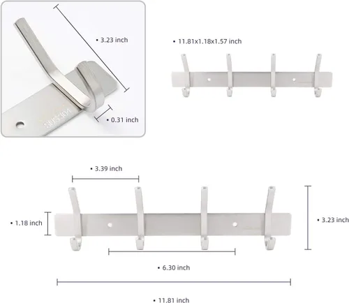 Miniatura 5 de Perchero montado en la pared, toalleros plateados de acero inoxidable con 4 ganchos para baño, cocina, puerta de dormitorio