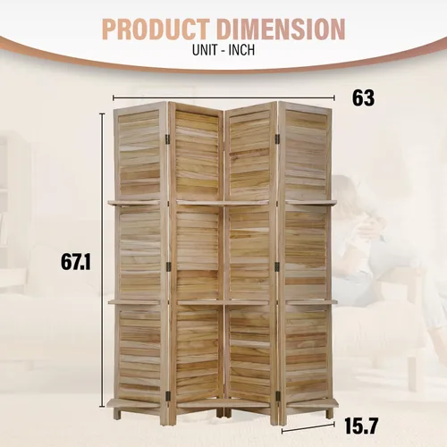 Miniatura 2 de Divisor de habitación de 4 paneles, pantalla de madera de privacidad con estantes, separadores de habitación, separadores de habitación plegables