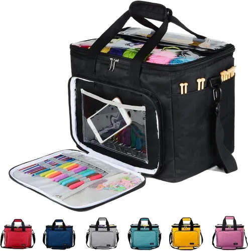 Hoshin Bolsa de tejer para almacenamiento de hilos, organizador de bolsas de hilo de alta capacidad con divisor interior, portátil para llevar