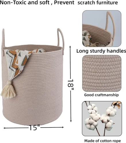 Miniatura 2 de XUANGUO - Cesta de lavandería de cuerda de algodón, cesta tejida de almacenamiento para ropa, cesta de mimbre para sala de estar, dormitorio, cesta