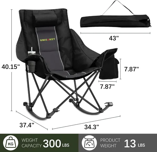 Miniatura 3 de Unisakey Silla mecedora de camping extra grande con reposacabezas y portavasos - Capacidad de 400lbs, tela Oxford 600D, silla mecedora portátil