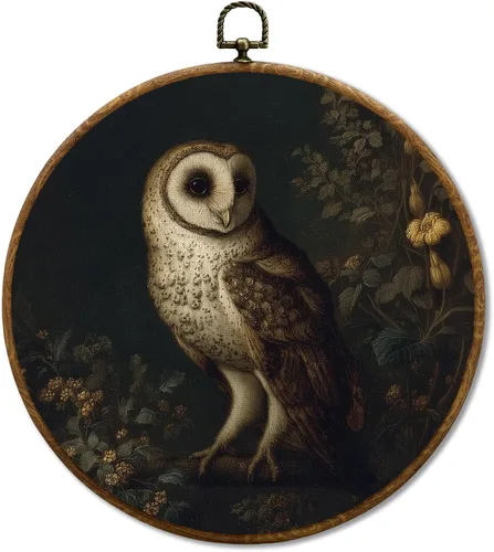 Miniatura 15 de JUIOEIU Decoración de pared redonda de búho de hongo con núcleo de cabaña, impresiones en lienzo enmarcadas con diseño de búho lluvioso oscuro