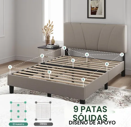 Miniatura 8 de Novilla Base de cama tamaño Queen con cabecero, base de cama tamaño Queen con soporte de listones de madera, cabecero ajustable tapizado en lino,