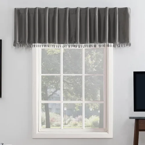 Miniatura 27 de Sun Zero Greyson - Valance de cortina con pestaña trasera de seda de dupioni de imitación con borlas de cuentas y aislamiento térmico total opaco