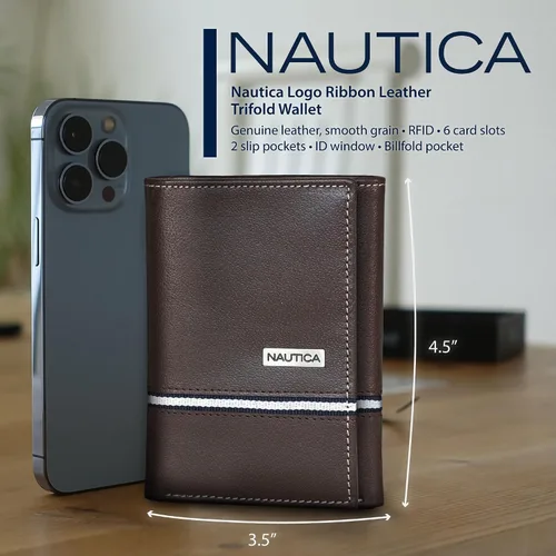 Miniatura 9 de Nautica Men's Trifold Wallet RFID Blocking Protection ID Window Card Slots Genuine Leather Durable