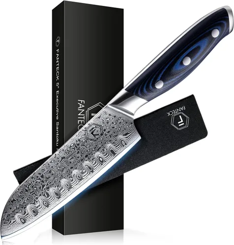 FANTECK Santoku Cuchillo de cocina de acero japonés de Damasco de 5 pulgadas, VG10 de 67 capas de alto carbono, espiga completa, cuchillos Santoku