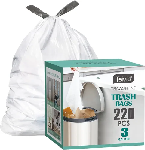 Teivio - Bolsas de basura con cordón fuerte de 3 galones, 220 unidades, bolsas de basura para baño, bolsas de plástico pequeñas para el hogar,